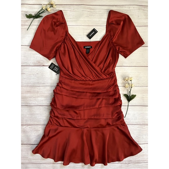 EXPRESS Satin Ruched Mini Dress - Picture 2 of 16